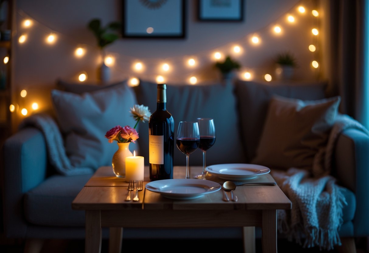 A dimly lit cozy room with a small table set for two, candles, wine glasses, and soft lighting creating a warm and intimate atmosphere.