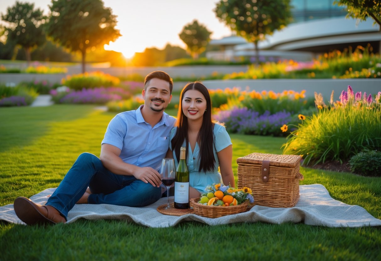 A couple enjoying a picnic on a blanket at sunset in a botanical garden with flowers and trees around them.