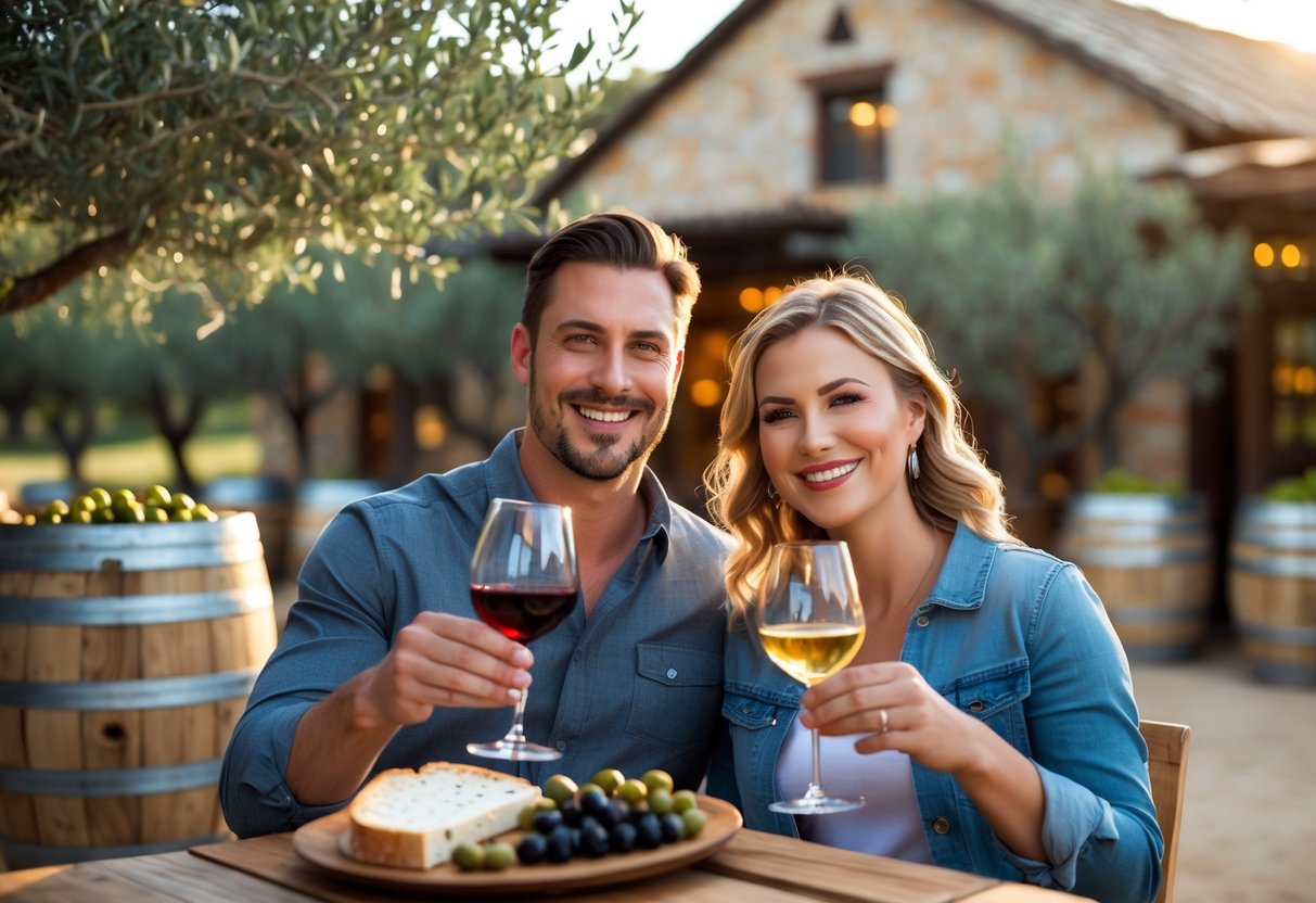 A couple enjoying wine tasting outdoors at Queen Creek Olive Mill with olive trees and wooden barrels in the background.