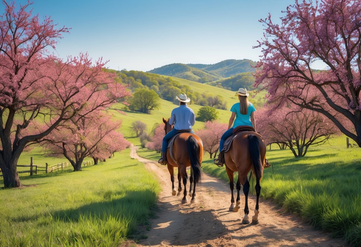 A couple horseback riding together through a green valley with redbud trees and hills in the background.