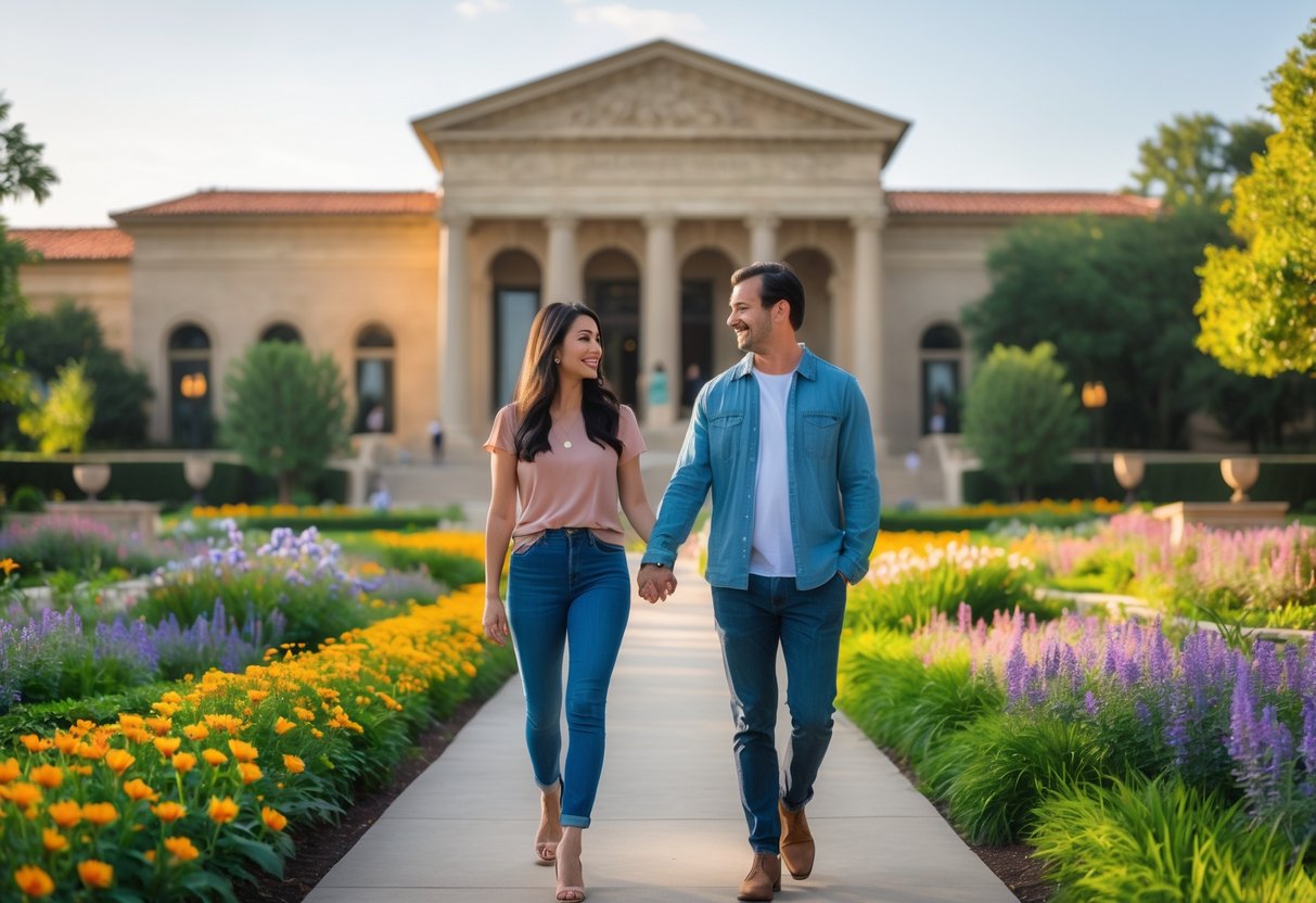 A couple walking hand in hand through a garden path near the Philbrook Museum in Tulsa, surrounded by flowers and greenery.