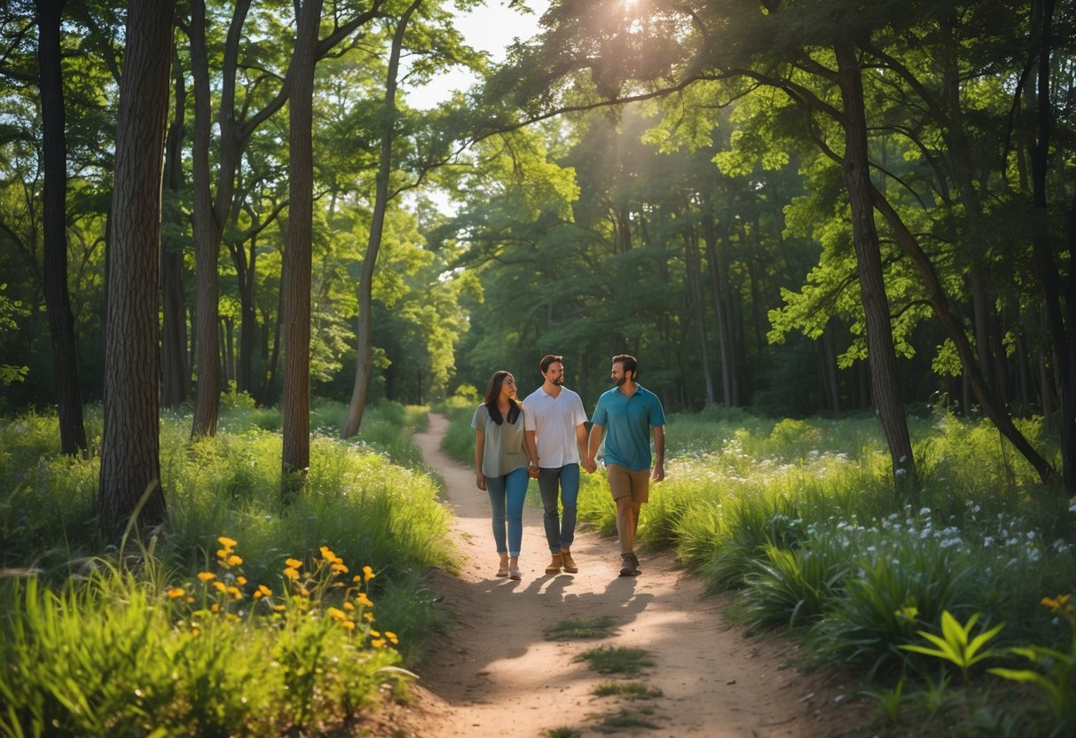 A couple hiking together on a forest trail surrounded by green trees and plants at Martin Park Nature Center.