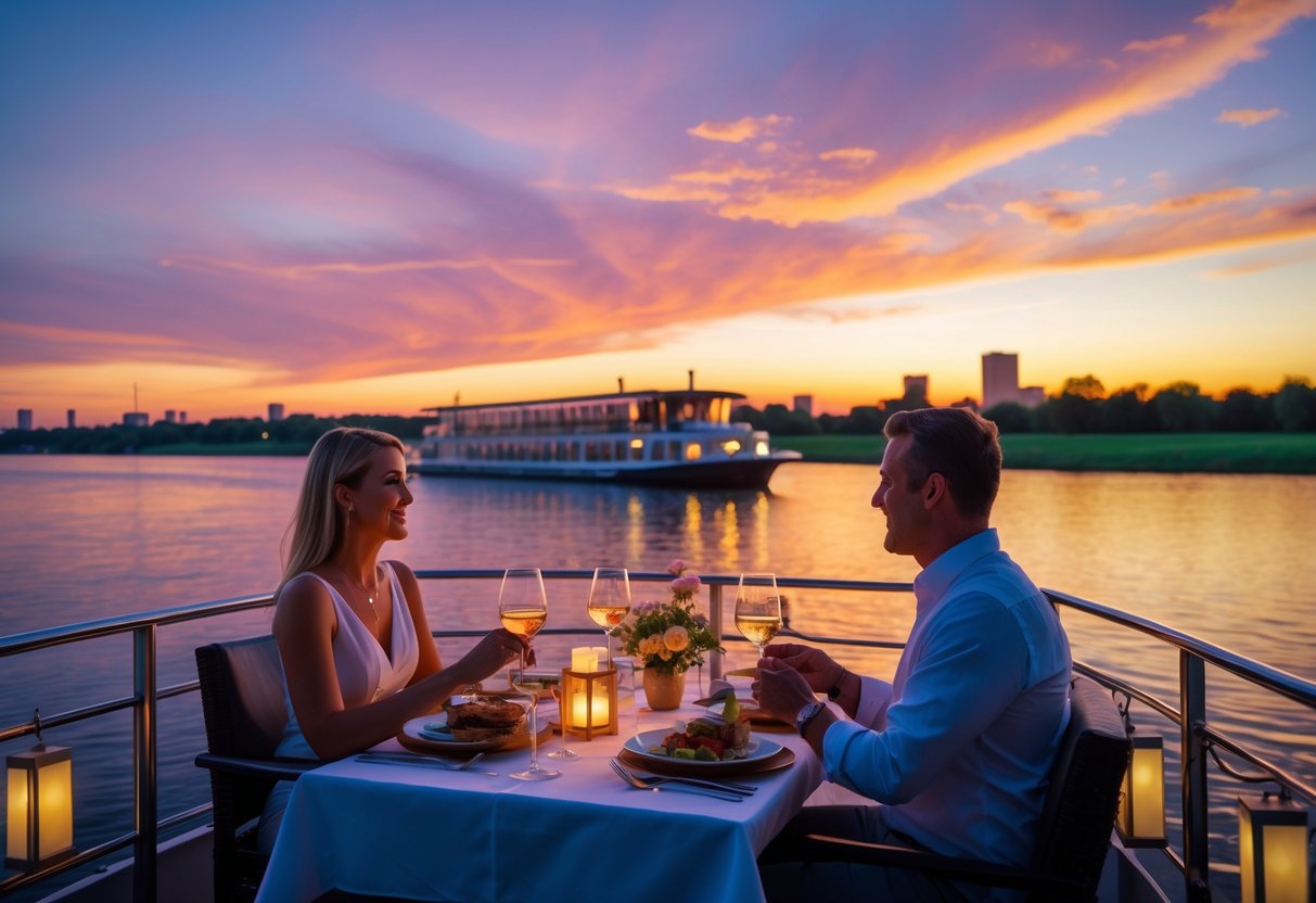 A couple enjoying a candlelit dinner on a riverboat cruising the Oklahoma River at sunset.
