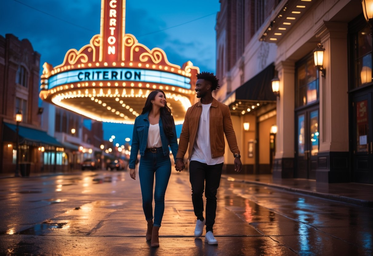 A young couple walking hand in hand toward The Criterion theater in Tulsa at night, surrounded by city lights and other people attending a concert.