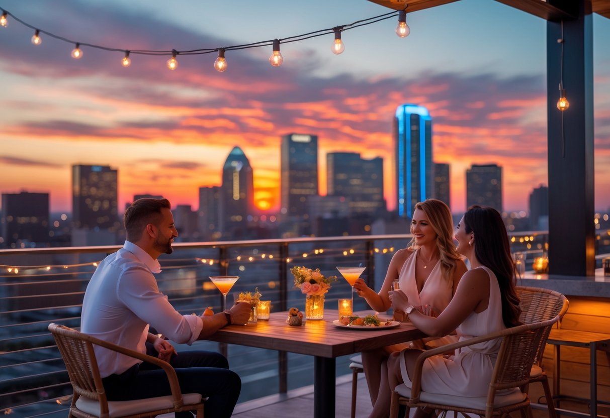 A couple enjoying drinks together at a rooftop lounge during sunset with a city skyline in the background.