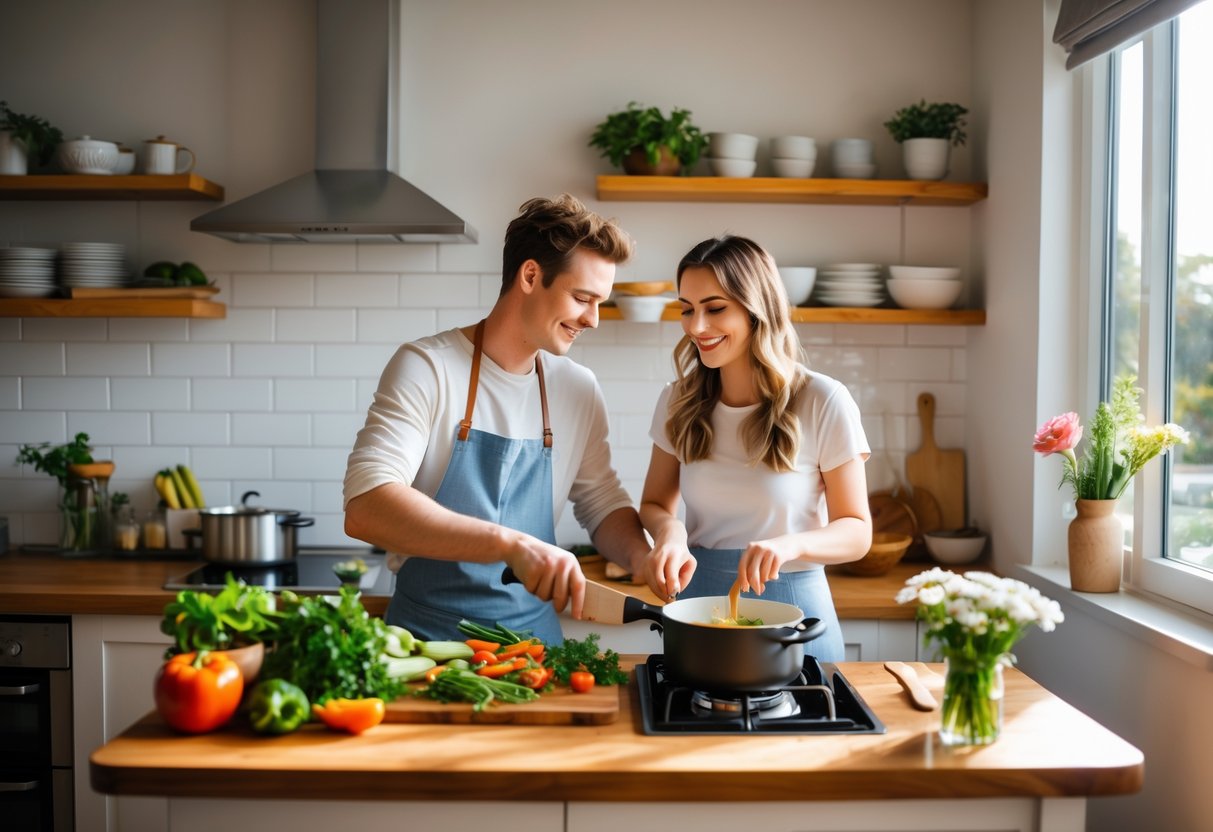 A young couple cooking together in a bright, modern kitchen, preparing a meal with fresh ingredients on the countertop.