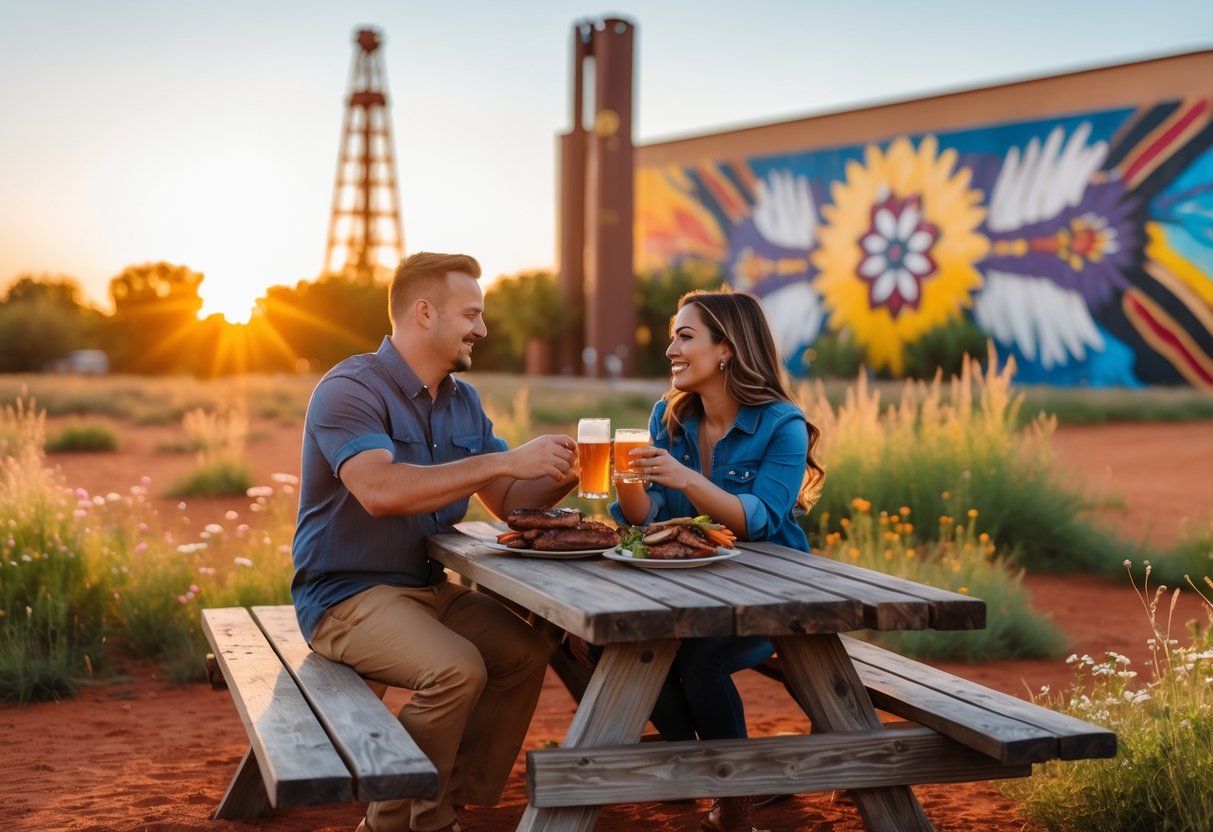 A couple enjoying a picnic outdoors with Oklahoma cultural elements like an oil derrick and Native American art mural in the background.