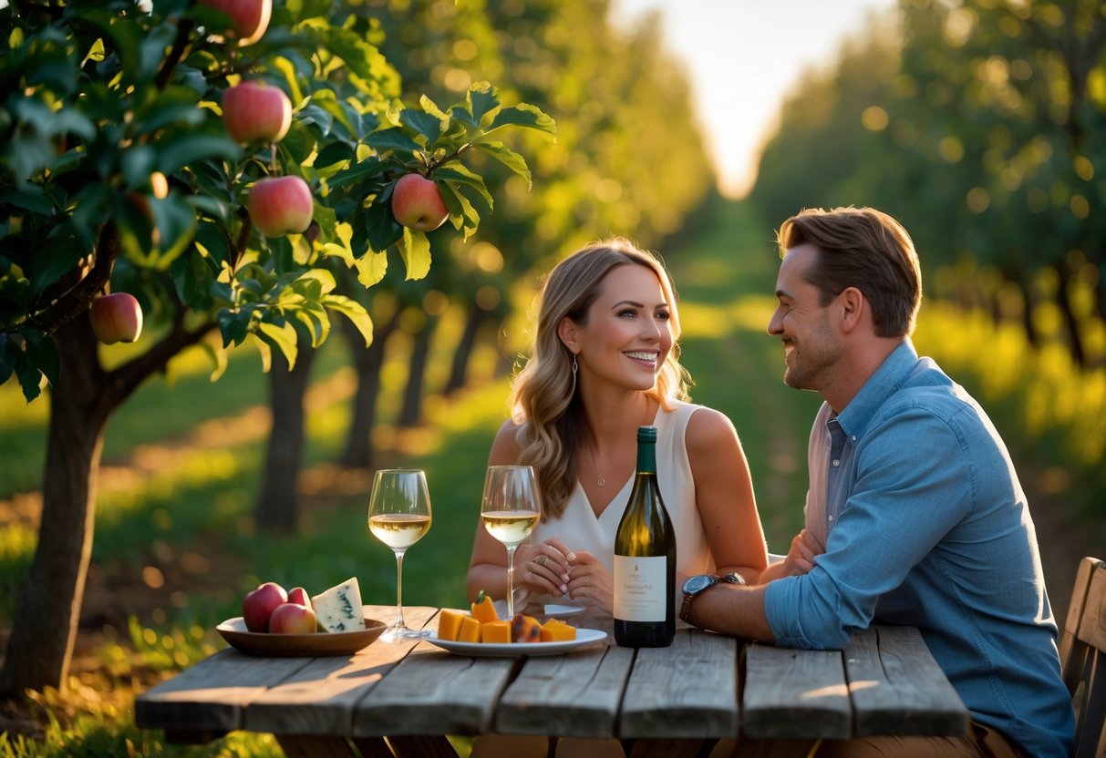 A couple enjoying a wine tasting outdoors at an orchard with trees and a wooden table set with wine glasses and snacks.