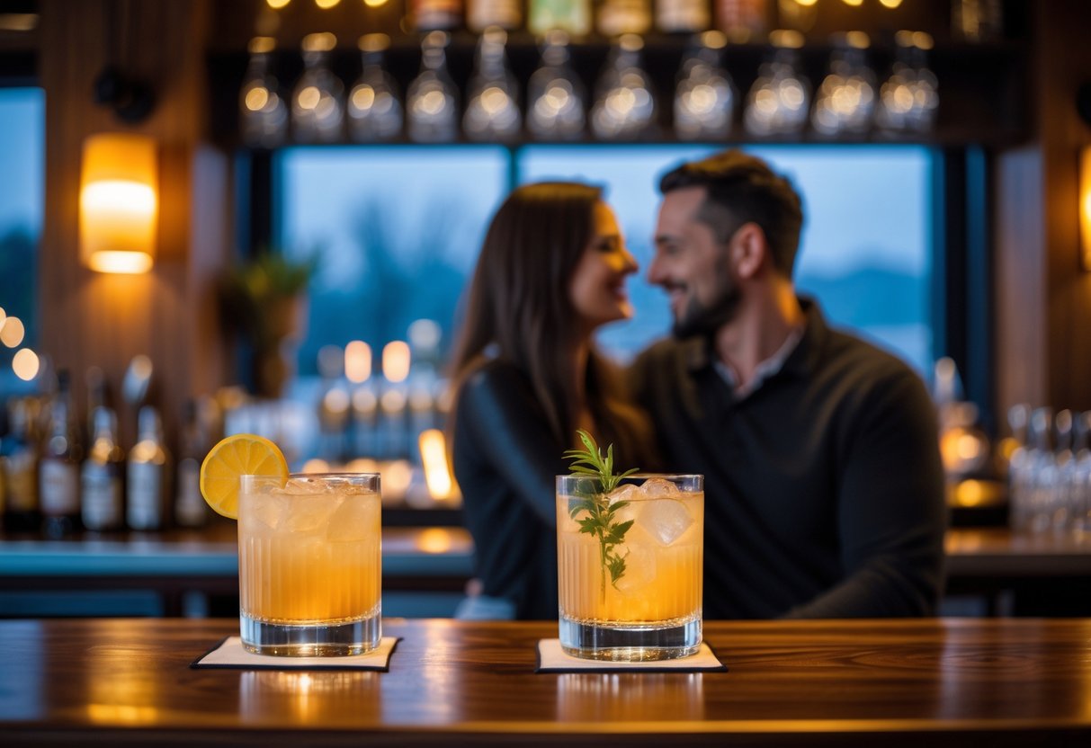 A couple enjoying cocktails together at a warmly lit bar in a cozy setting.
