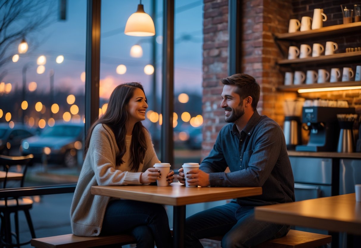 A young couple enjoying coffee together at a cozy coffeehouse table with warm lighting and a city view outside.