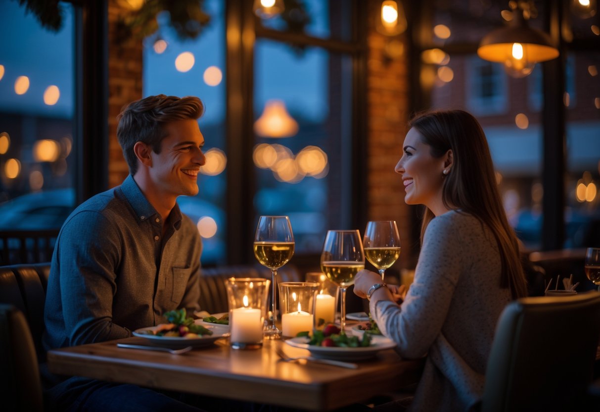 A young couple sharing a romantic dinner at a cozy restaurant during the evening.