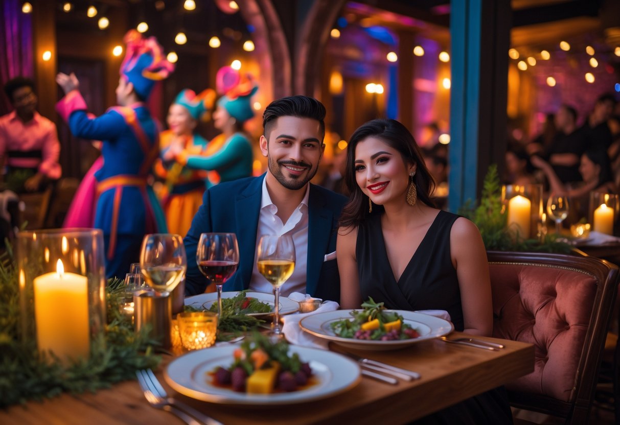 A couple enjoying a romantic dinner show with performers in the background at an elegant venue.