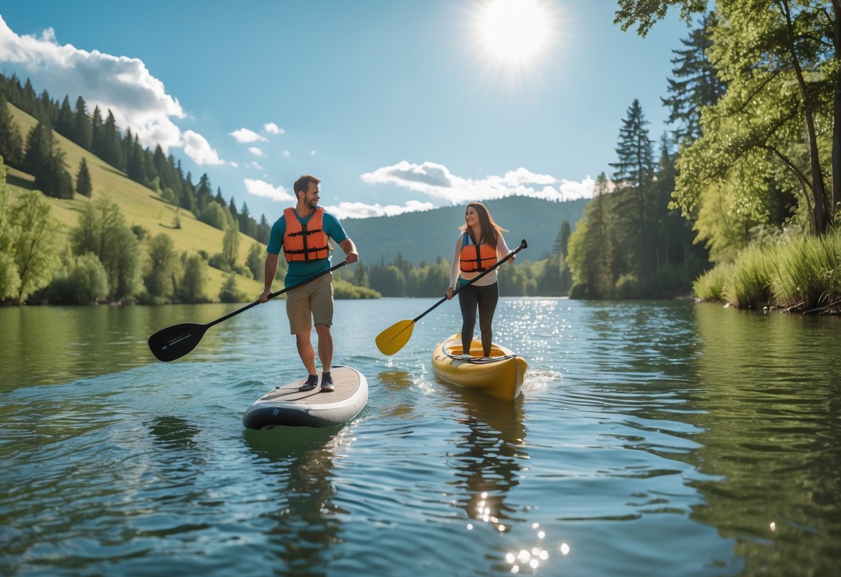 A young couple paddleboarding and kayaking together on a calm lake surrounded by trees and hills.