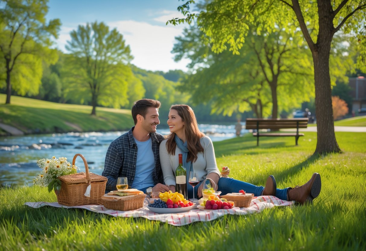 A couple enjoying a picnic on a blanket by a river in a green park with trees and hills in the background.