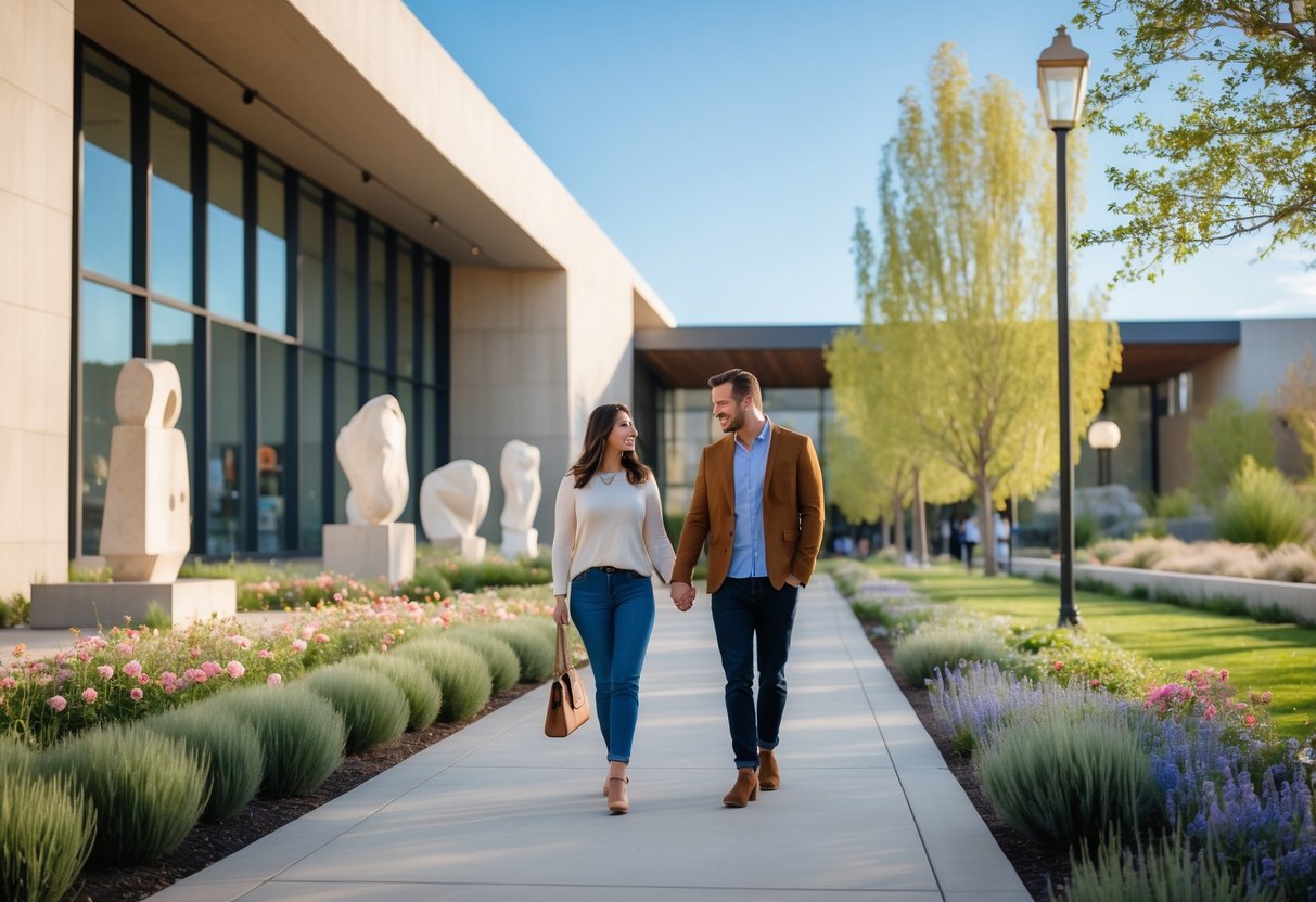 A couple walking hand-in-hand outside the Utah Museum of Fine Arts on a sunny day surrounded by greenery and sculptures.