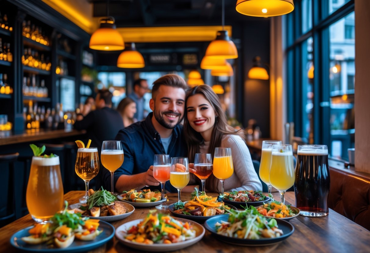 A couple enjoying tapas and drinks together at a cozy local bar.