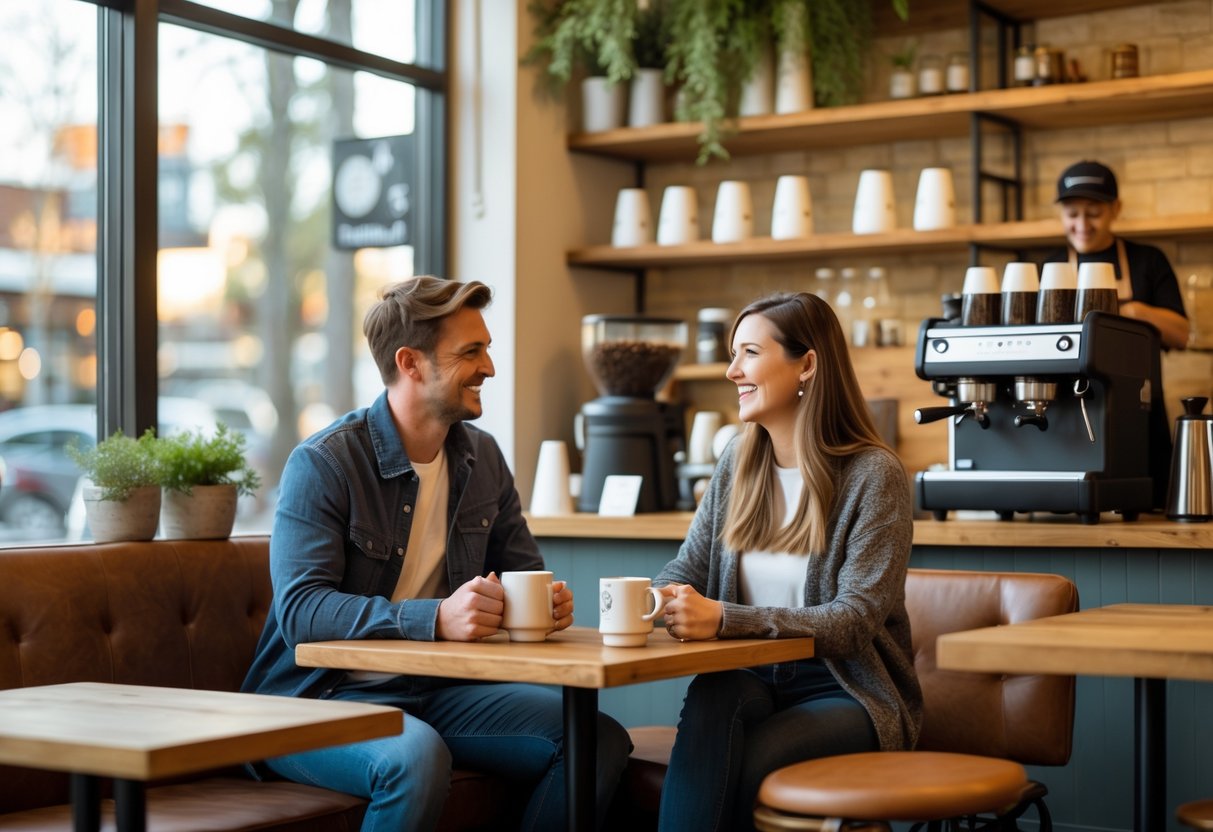 A young couple enjoying coffee together at a cozy coffee shop table with a barista working in the background.