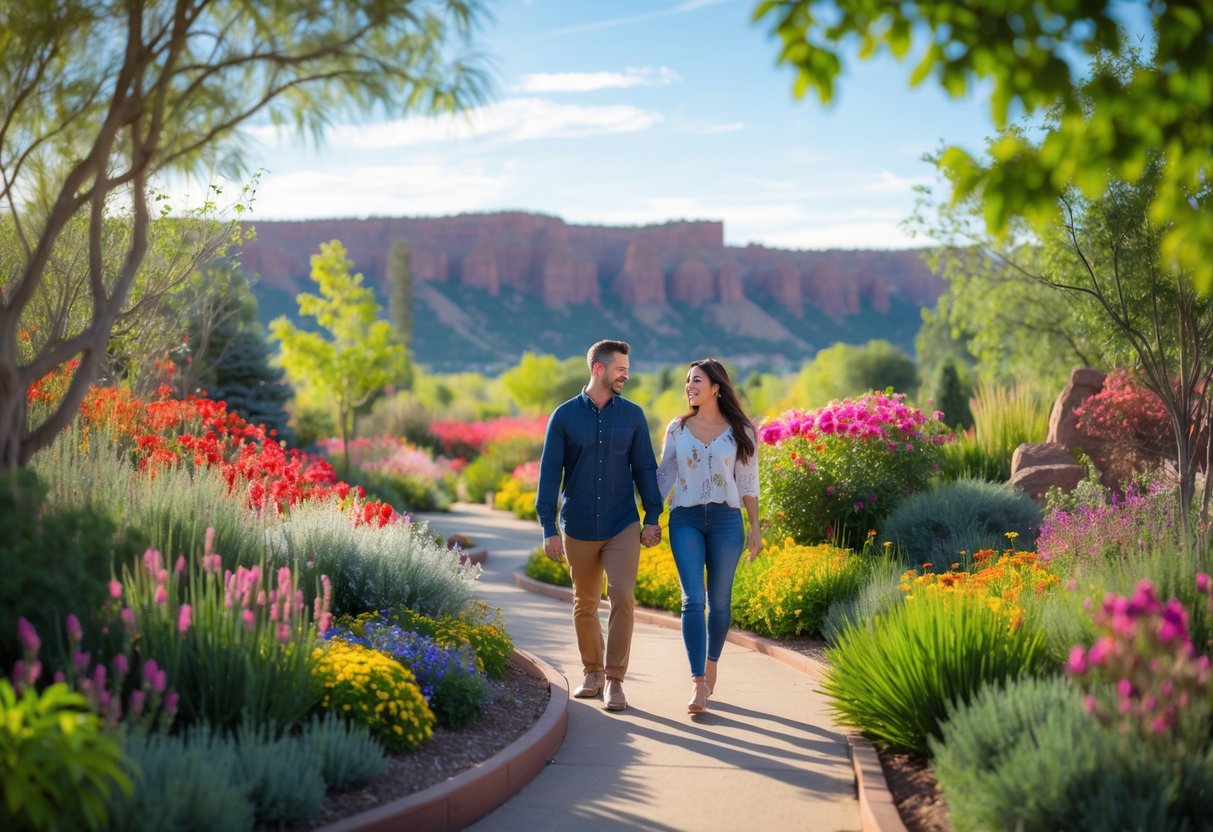 A young couple walking hand in hand along a flower-lined garden path with red rock formations in the background.