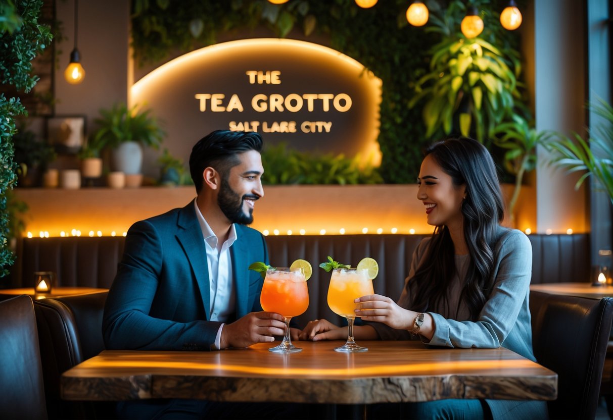 A couple enjoying cocktails together at a cozy and stylish lounge with warm lighting and elegant decor.