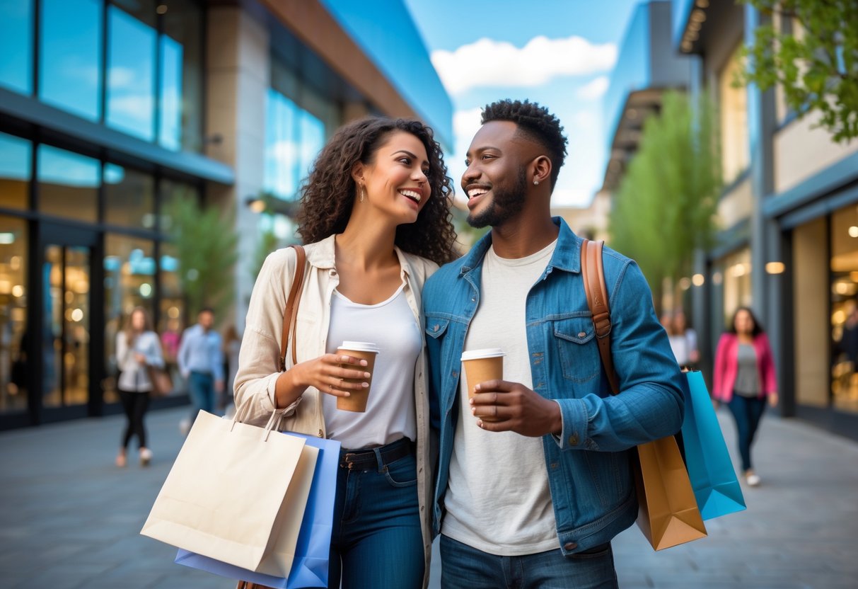 A young couple browsing shops and holding shopping bags at an outdoor shopping center with modern buildings and greenery.