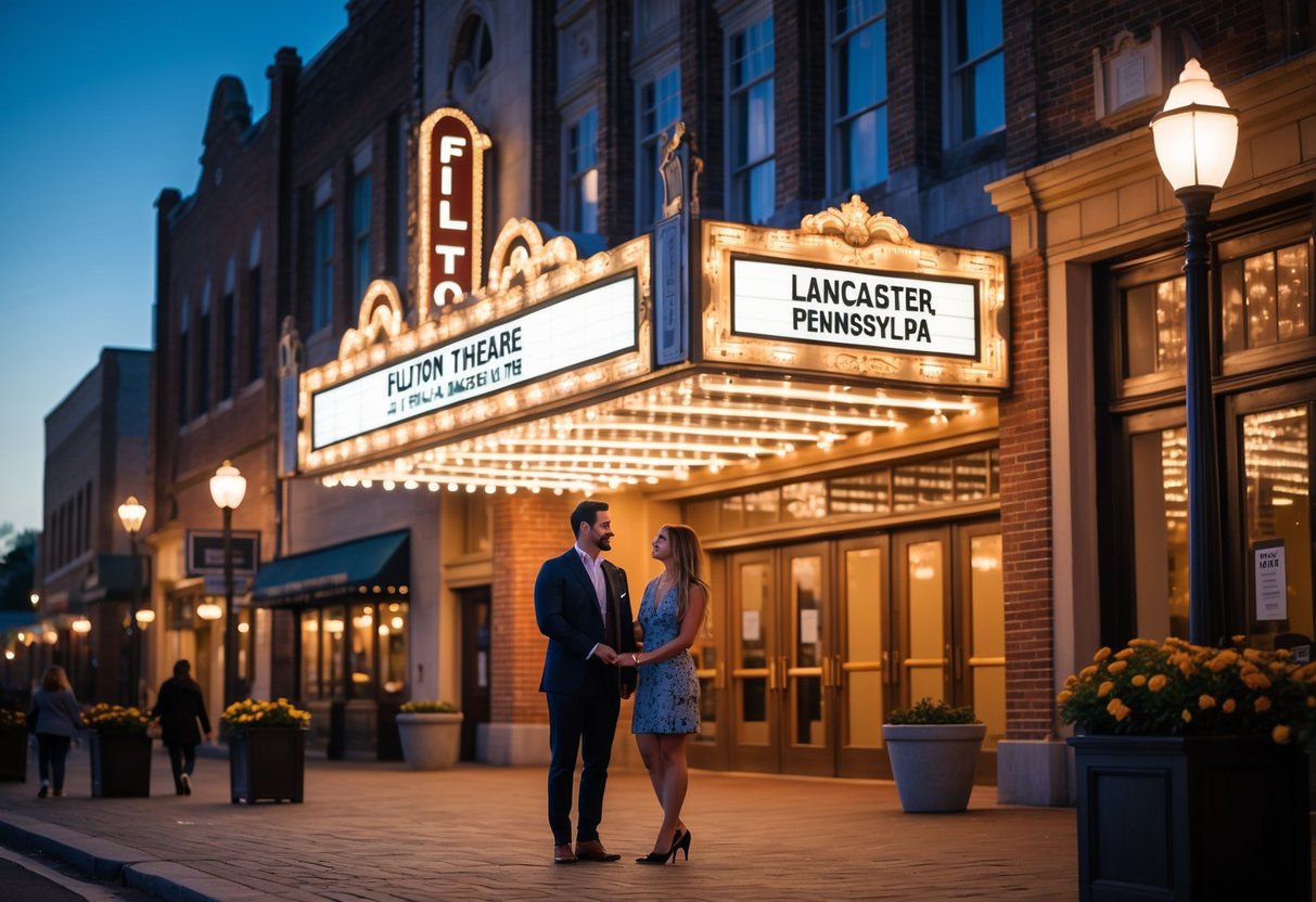 A couple standing outside the Fulton Theatre in Lancaster, Pennsylvania, preparing to attend a show in the evening.