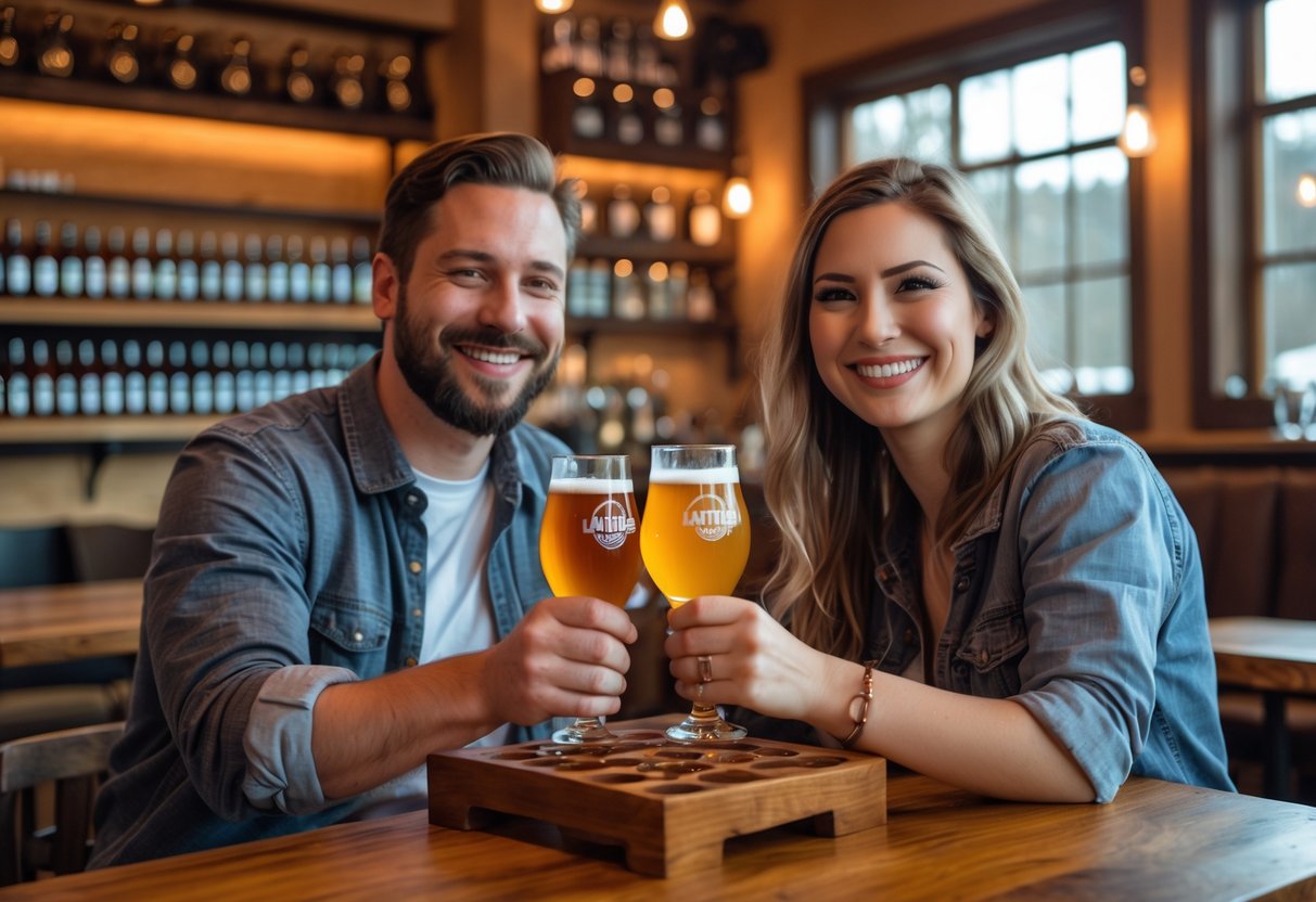 A couple enjoying craft beer tasting together at a brewery with wooden tables and shelves of beer bottles in the background.