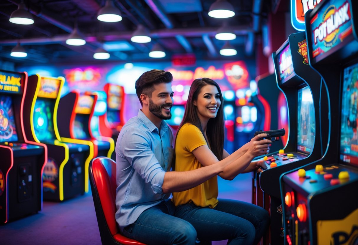 A young couple playing simulated shooting arcade games together in a brightly lit arcade with colorful lights.