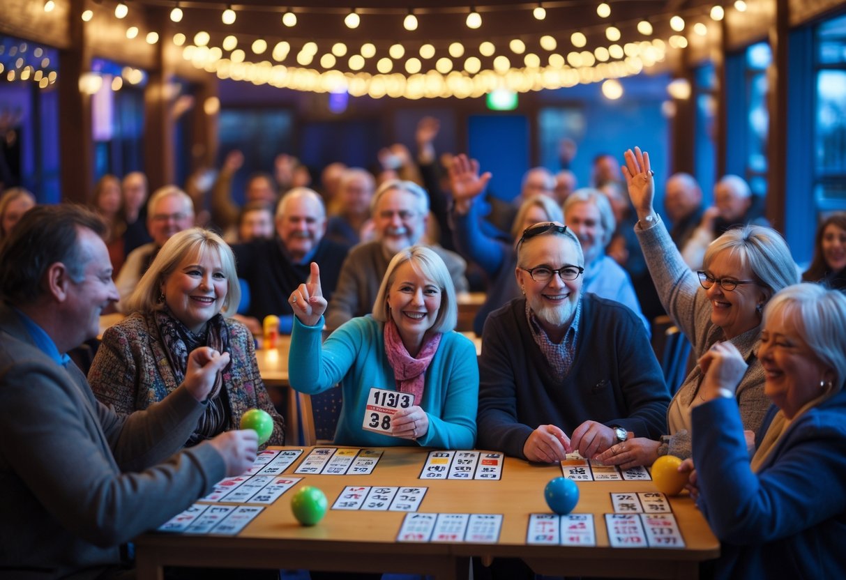 A group of adults enjoying a lively bingo night in a warmly lit community hall, smiling and interacting around tables with bingo cards.