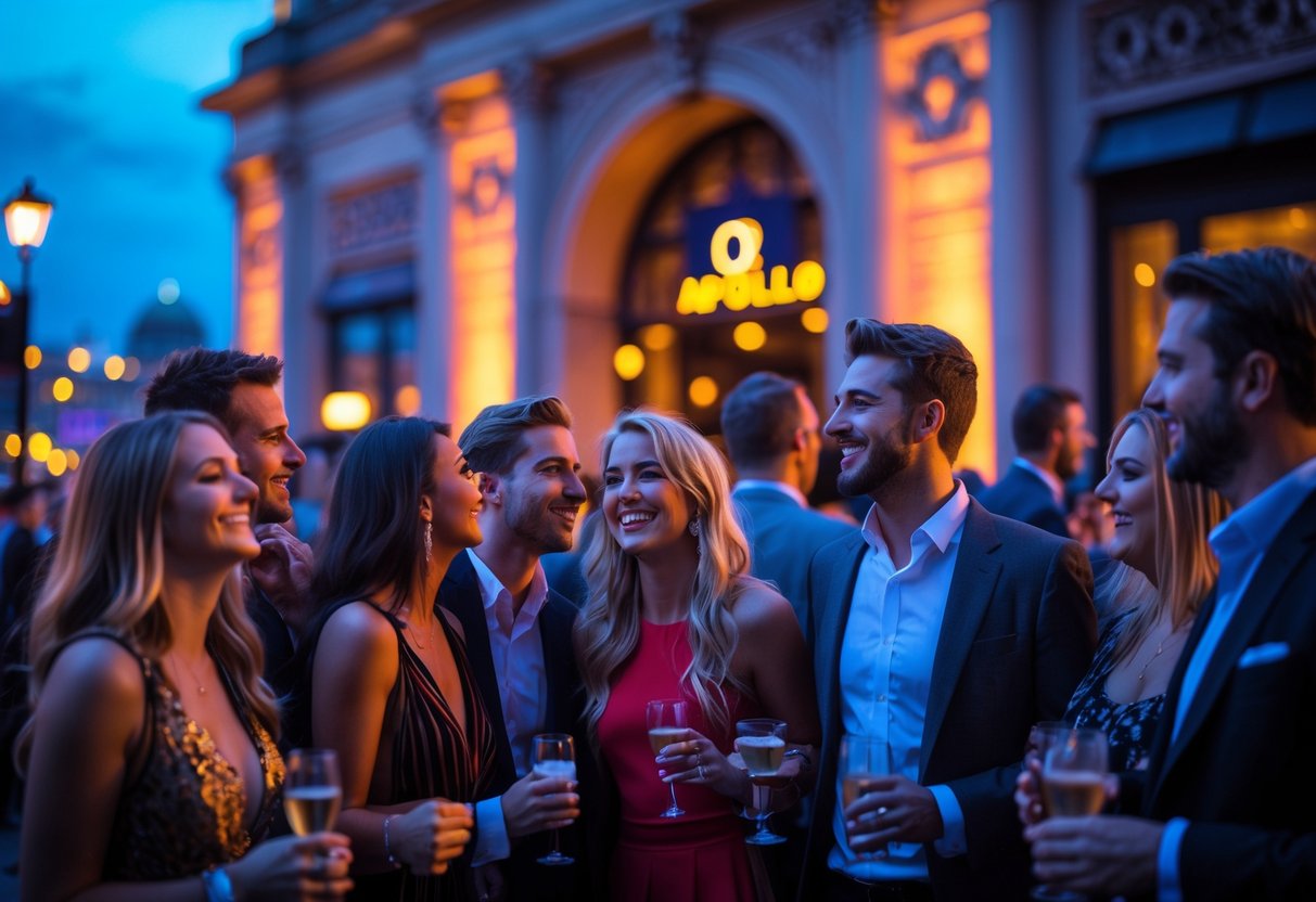 Couples and friends gathered outside the O2 Apollo venue in Liverpool at night, enjoying a lively evening together.
