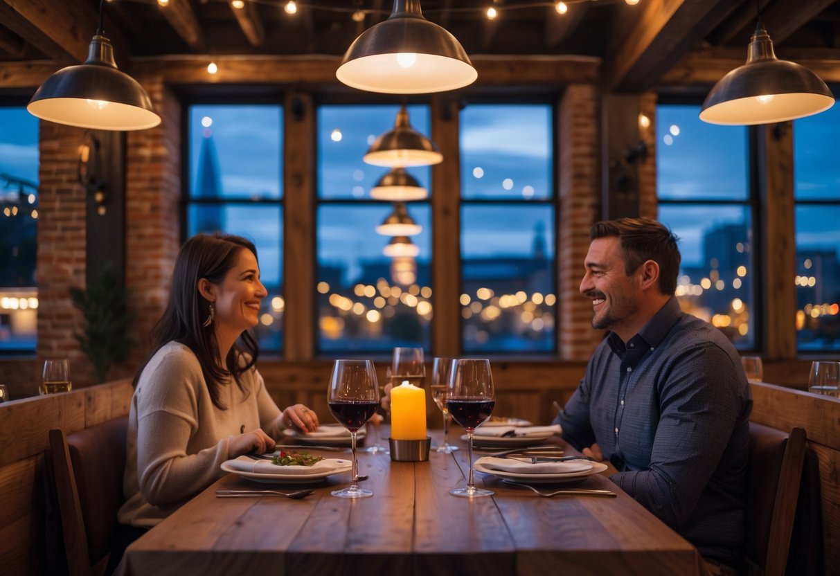 A couple enjoying an intimate dinner at a cozy restaurant with wooden tables, soft lighting, and a city view at dusk.