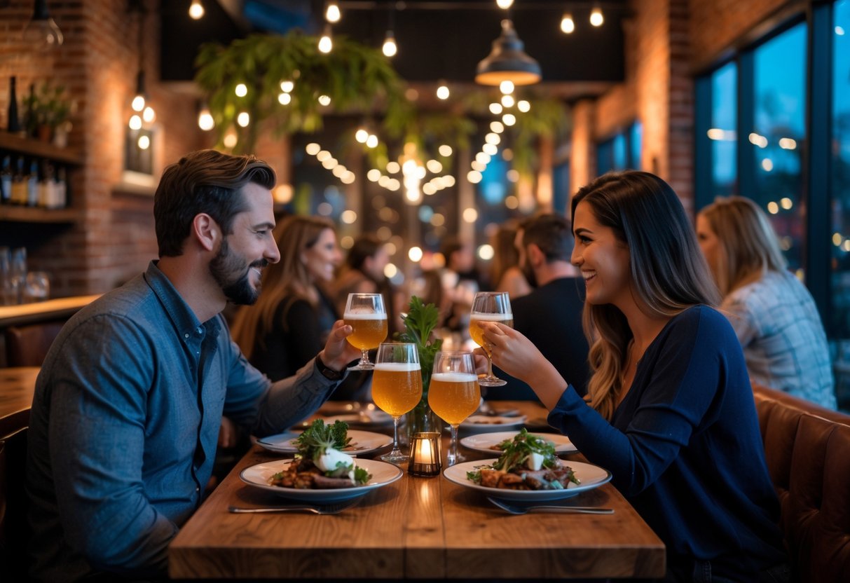 A couple enjoying a romantic dinner together at a warmly lit restaurant with wooden tables and ambient lighting.