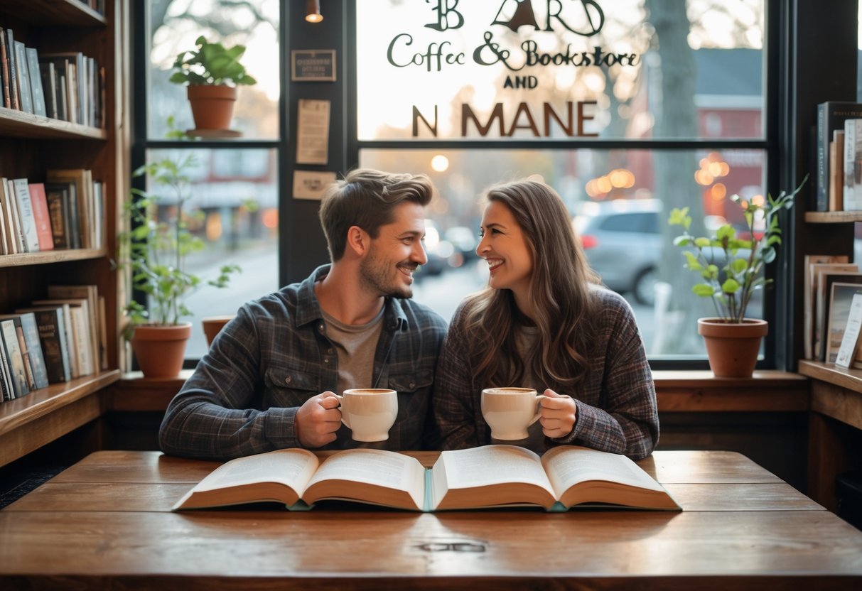 A young couple sitting at a table in a coffee shop, drinking coffee and looking at books together.