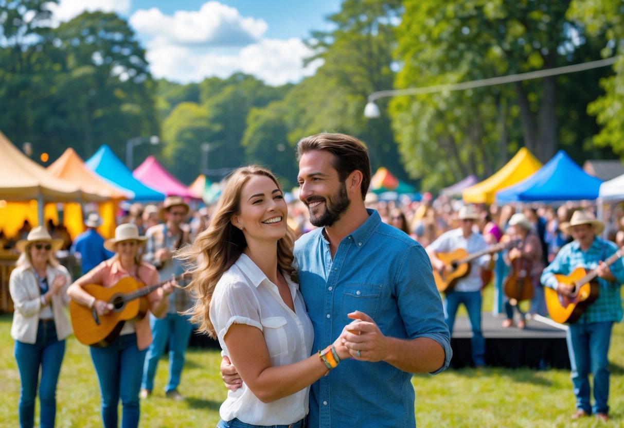 A happy couple enjoying a sunny day at an outdoor folk festival with musicians and festival tents in the background.
