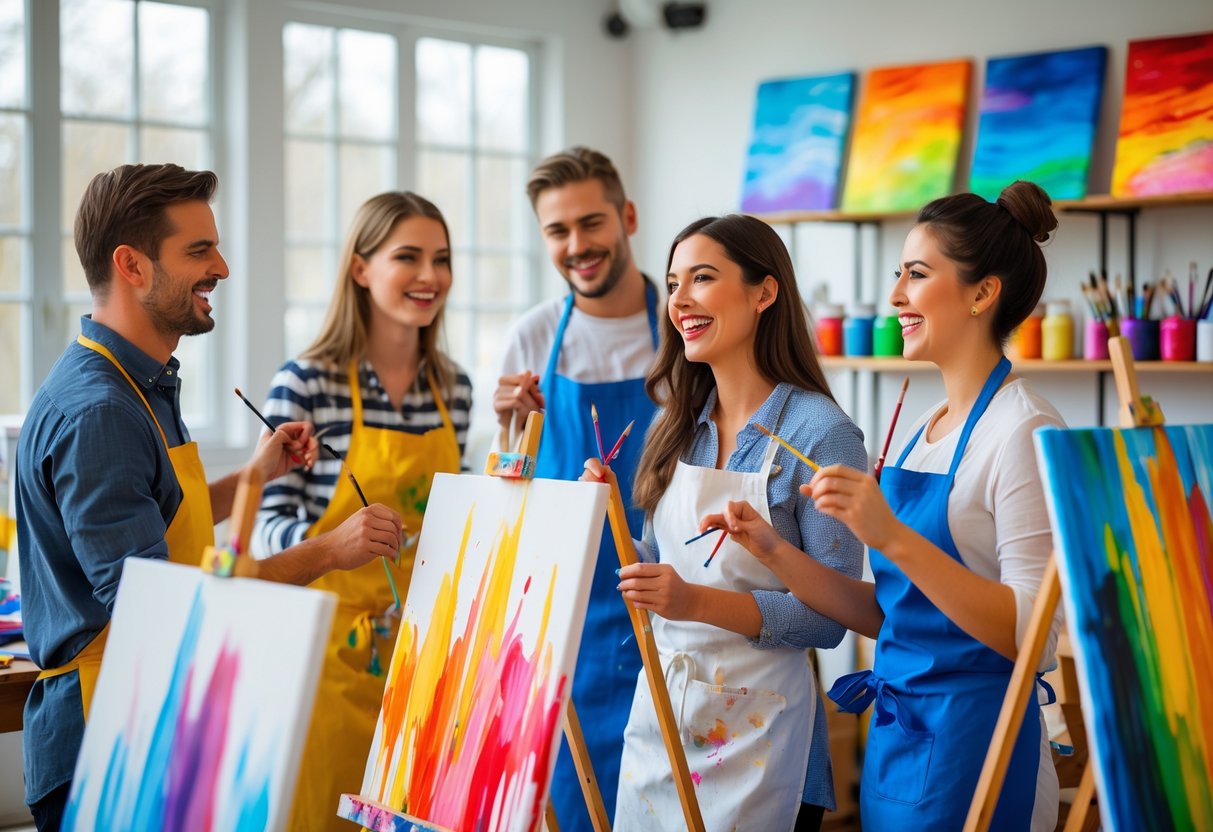 A group of young adults painting on canvases in a bright art studio, smiling and enjoying a paint party together.