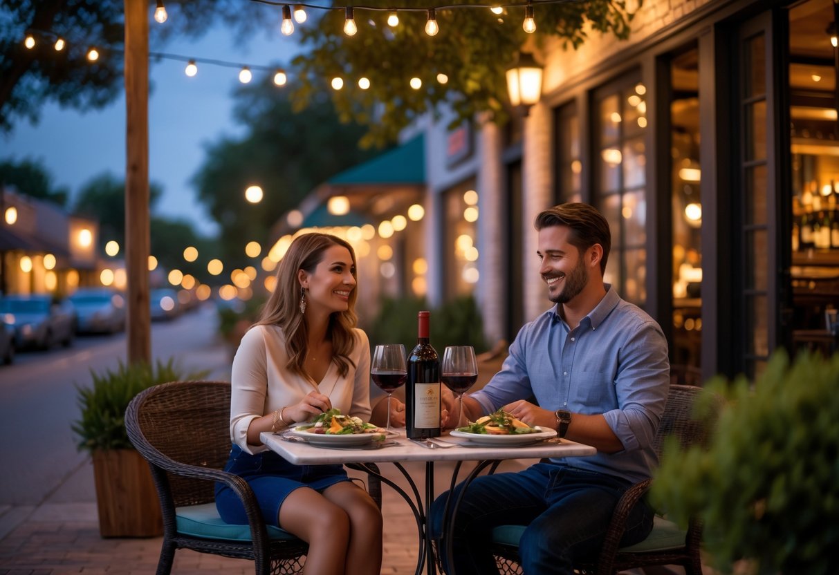 A couple enjoying a romantic dinner at an outdoor table in a cozy neighborhood bistro at night.
