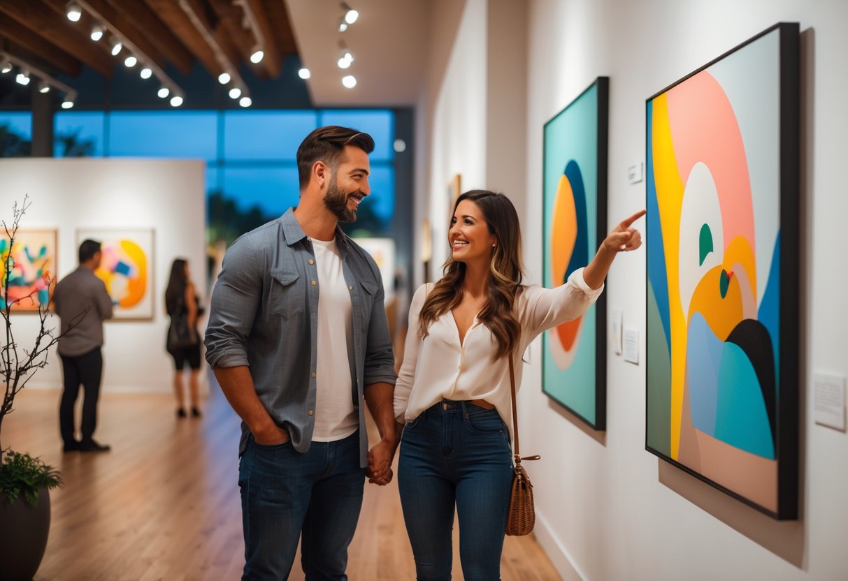 A couple looking at paintings together inside an art gallery.
