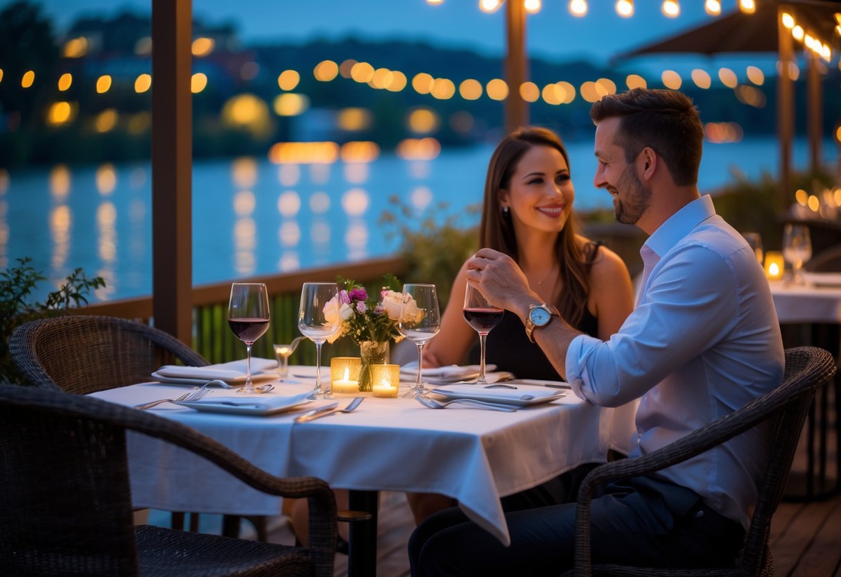 A couple enjoying a romantic dinner at an outdoor table by the water with soft lighting and a floral centerpiece.