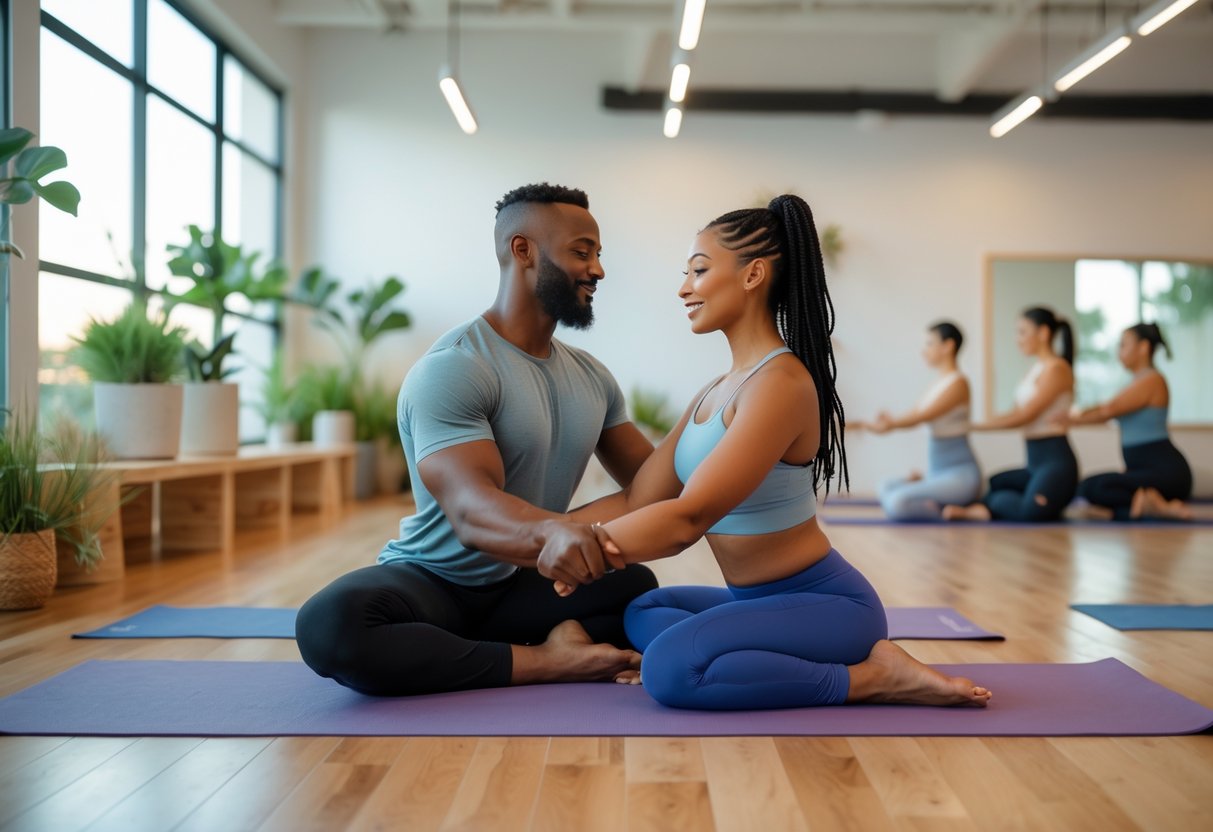 A couple practicing partnered yoga poses together in a bright, spacious yoga studio with wooden floors and plants.