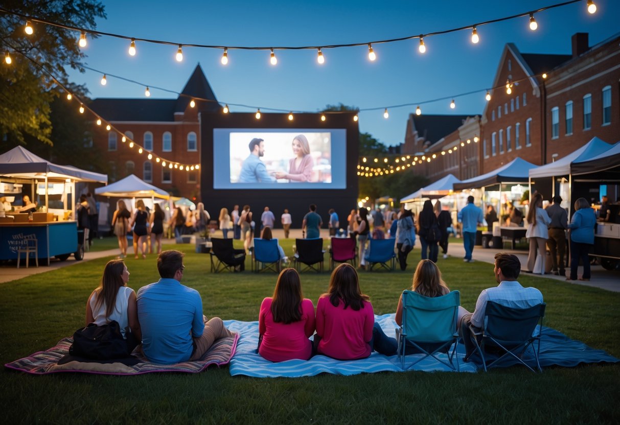 Couples and friends watching an outdoor movie on a large screen at Lynchburg Community Market in the evening, surrounded by string lights and food stalls.
