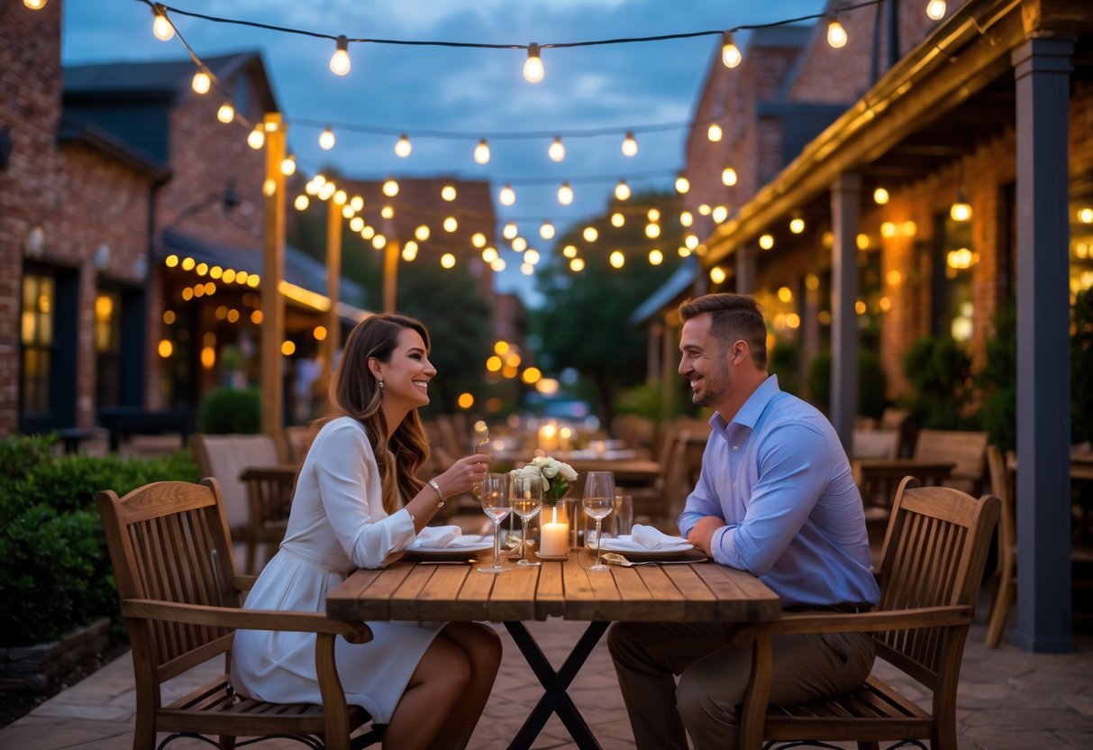 A couple enjoying a romantic outdoor dinner at a restaurant patio with string lights and brick buildings in the background.