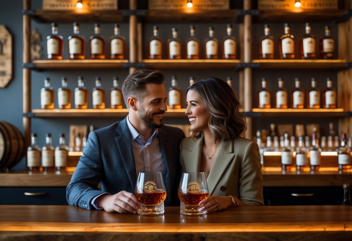 A couple enjoying bourbon tasting together at a distillery bar with bottles and barrels in the background.