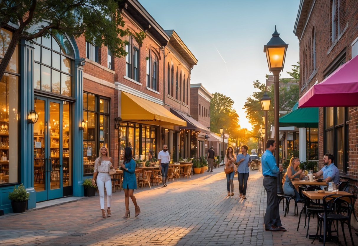 People walking and sitting outside shops and cafes on a lively street in the NuLu district of Louisville during the afternoon.