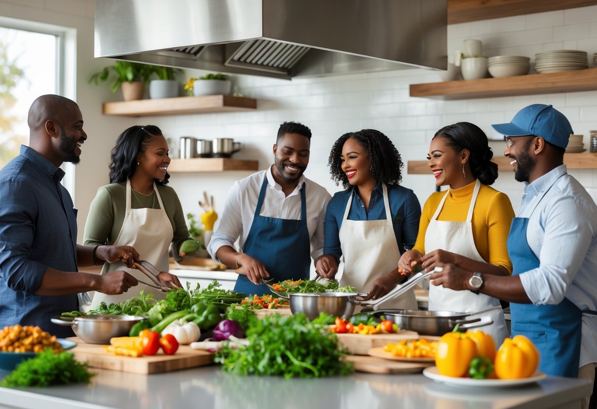 Couples cooking together in a modern kitchen, preparing food and enjoying each other's company.