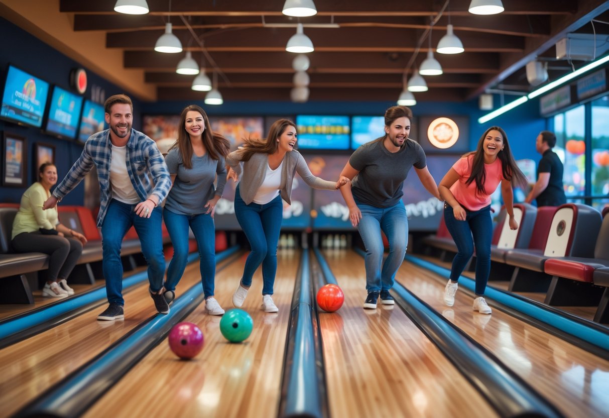 A couple enjoying bowling together at a busy bowling alley with other people in the background.