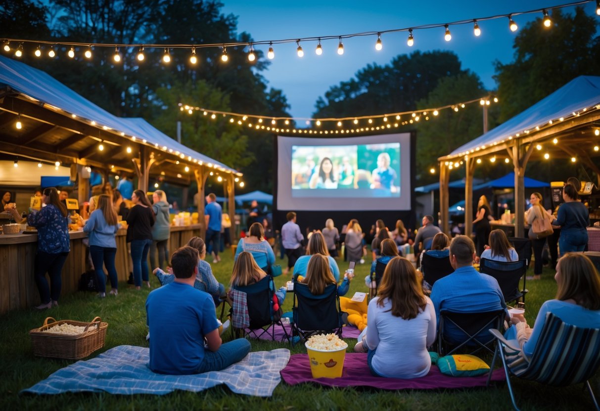 Couples and small groups watching an outdoor movie at a community market with string lights and blankets on a warm evening.