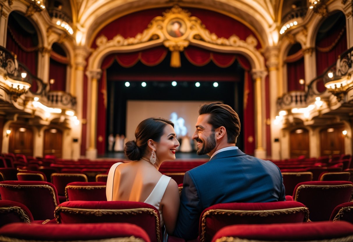 A couple seated inside an ornate theatre auditorium enjoying a live performance.
