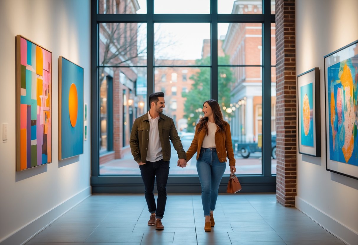 A young couple walking hand-in-hand inside an art gallery with colorful paintings and sculptures, with a cityscape visible through large windows.