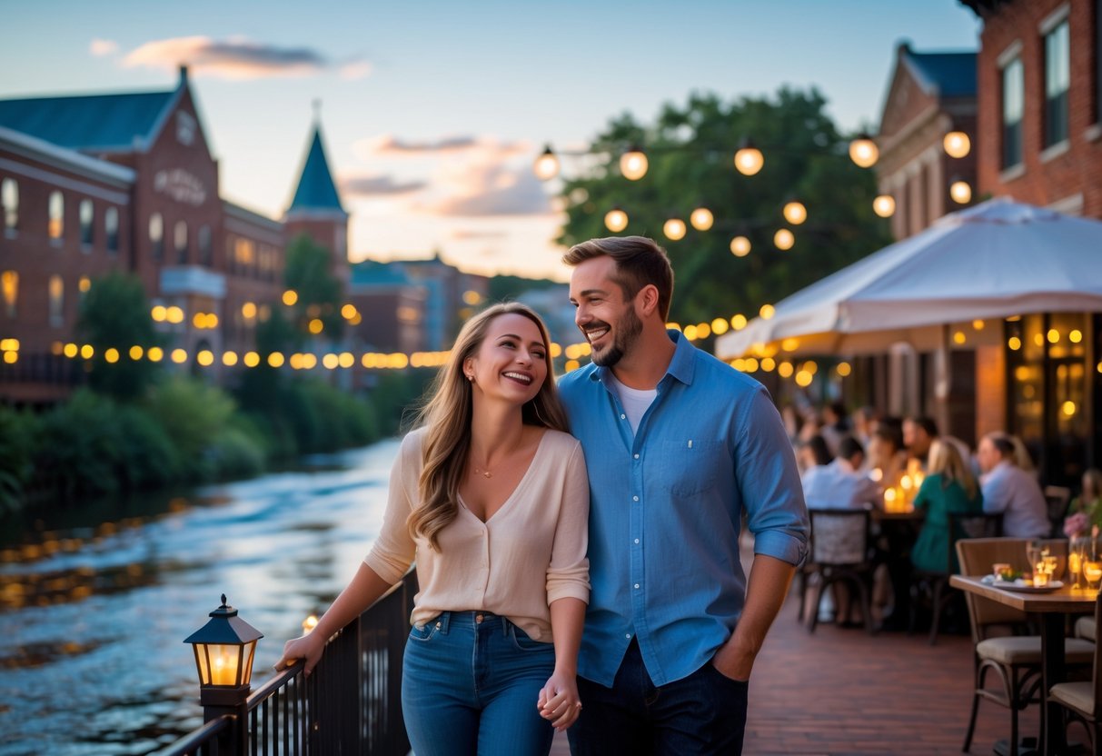 A couple walking hand-in-hand along a riverwalk in Lynchburg, Virginia, with historic buildings and the river in the background during sunset.