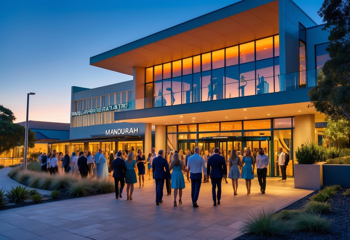 People arriving and socializing outside the Mandurah Performing Arts Centre at dusk with warm lights and modern architecture.