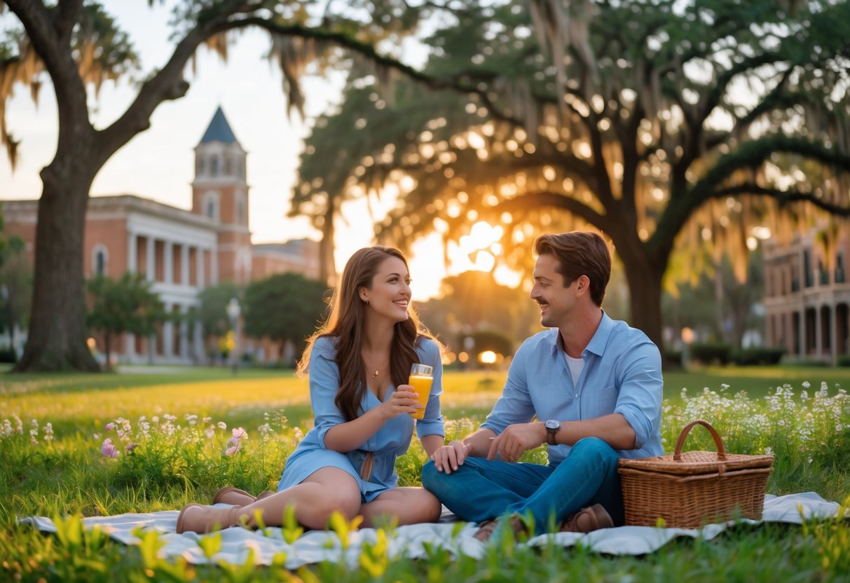 A young couple enjoying a sunset picnic in a park with blooming flowers and oak trees in Mobile, Alabama.